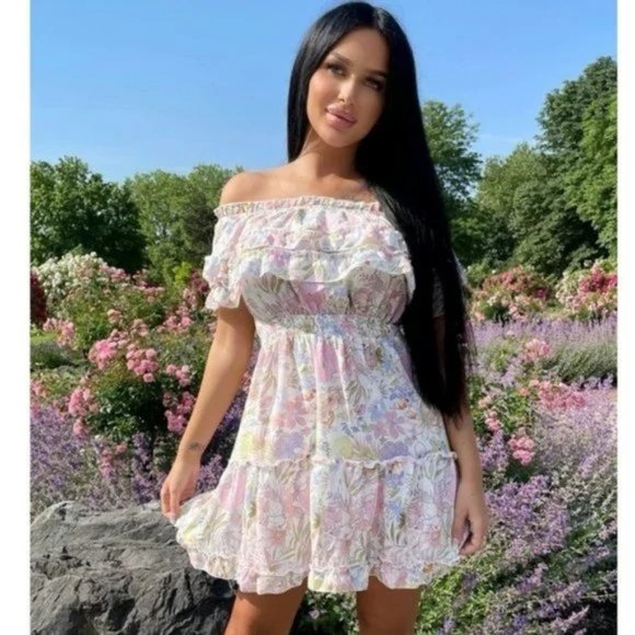Dresses & Skirts - White Floral Print Off Shoulder Short Sleeve Ruffle Tiered Mini Dress